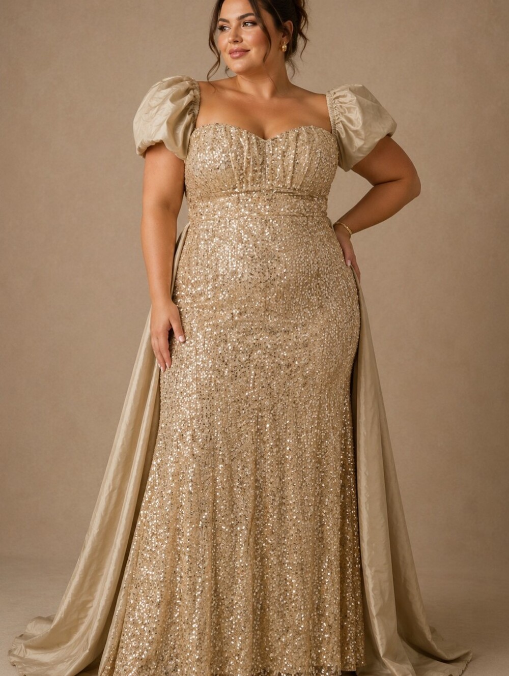 Gold Sequin Puff-Sleeve Evening Gown